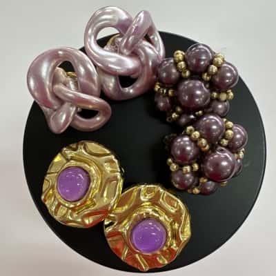 Vtg. Set of 3 Clip on Earrings Purple/ Gold Tones