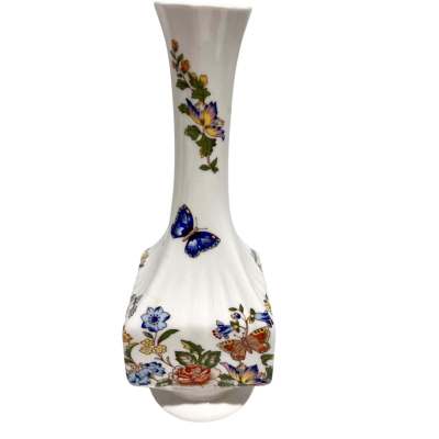 AYNSLEY COTTAGE GARDEN VASE BONE CHINA BUD VASE BLUE & RED BUTTERFLY AND FLOWERS