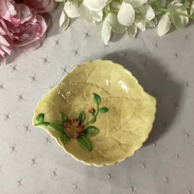 Vintage Carlton Ware Yellow / Pink Flower Pattern Leaf Shape Dish