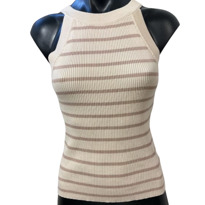 Indikah Womens  Size 12 Short Sleeve Top Brown / Cream / Pinstriped 
