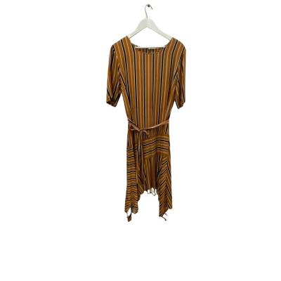 Trent Nathan Womens  Size 16 Short Sleeve asymmetrical hem Dress  Black  / Caramel/ Striped 