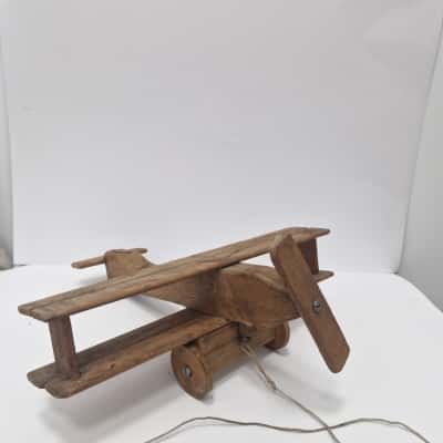 Vintage Primitive Rustic Folk Art Hand Made Pull A long Toy Wooden Aircraft Plane 
