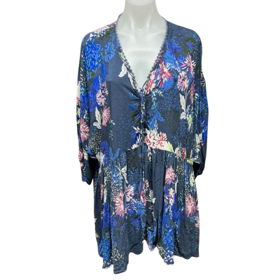 Jaase Womens Size L 3/4 Sleeve Top Blue / Floral / Multicoloured 