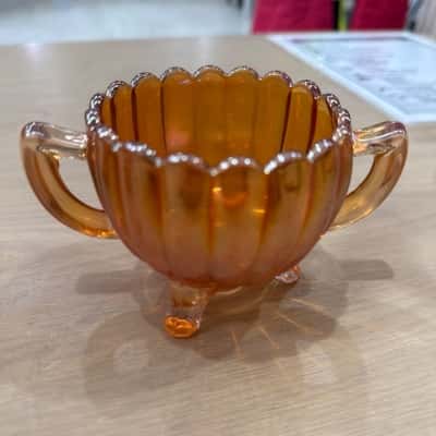 LOVELY ANTIQUE CARNIVAL GLASS FOOTED HANDLE BOWL 