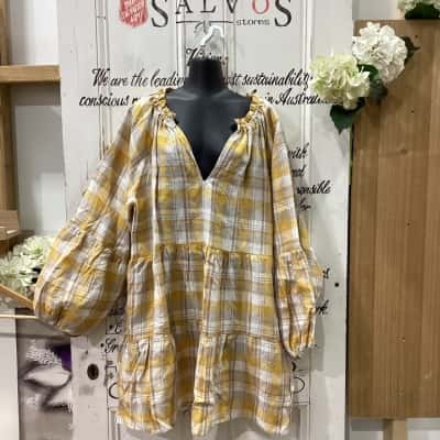 AERE BRAND! NWOT 100% PURE HIGH QUALITY LINEN BABYDOLL BALLOON SLEEVE MIDI DRESS! PLAID PATTERN Womens  Size 16 Babydoll Dress / Casual Dress / Midi Dress Beige / Brown / Checked / Off White / Pattern / Yellow 