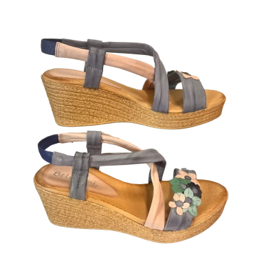 Beltrami Womens Size 38 Jessica-BE Leather Floral Wedge Sandals Pink Blue