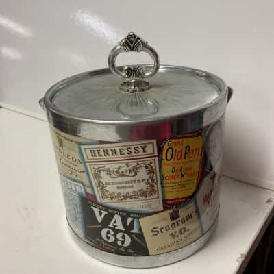 Vintage chrome whiskey ice bucket old scotch labels