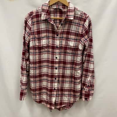 Target Women's Size 8 Long Sleeve Shirt Checked / Maroon / White 