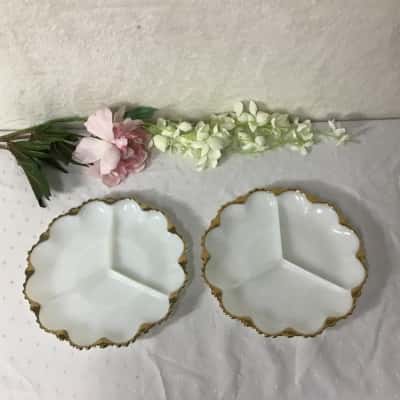 Vintage Milk Glass / Gold Scalloped Edge Divided 2 x Platters