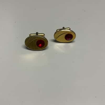 Mens Cufflinks vintage gold tones with red stone