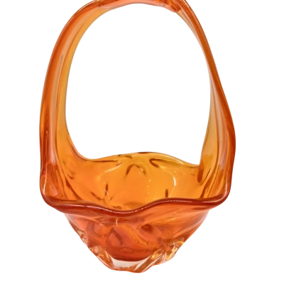 Georgian" amberina orange glass basket from the 1960s, featuring a ruffled/scalloped rim and an arched handle.