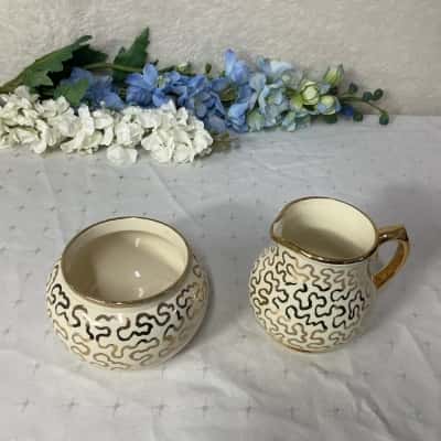 Vintage Sadler Cream / Gold Swirl Pattern Open Sugar Bowl & Milk Jug