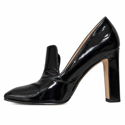 LODI Black Patent-Finish Square-Toe Block Heel Loafers Size 37