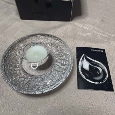 Orrefors Discus crystal votive candle holder BY Lars Hellsten. New in box