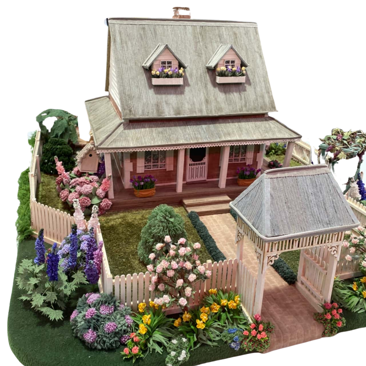 Handmade sewing basket house with intricate garden Doll’s house. (s)