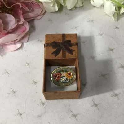 Vintage Gold Multicoloured Millefiori Glass Floral Mosaic Oval Pin Brooch