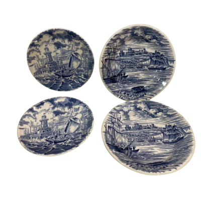 Set of 4 Plates Depicting Tower of London and Sailing Ships on the Thames