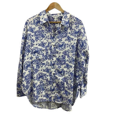 Veronika Maine Womens  Size 12 Long Sleeve Button Up Blouse Blue/White Floral