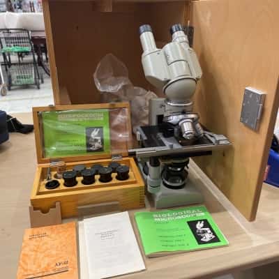 Vintage Soviet LOMO Biolam Microscope in Original Timber Box