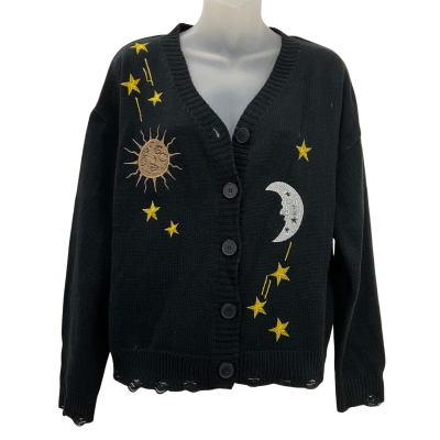 Romwe - Womens Hippie Sun & Moon Pattern Button Front Distressed Trim Cardigan - Size M - Black  