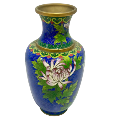 Vintage Cobalt Blue Gold Accent Floral Bird Cloisonne Vase 