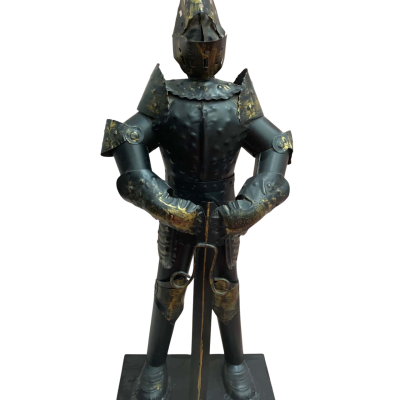 Knight in Black and Gold Armour holding sword in steel/tinplate