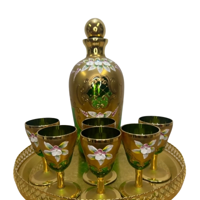Vintage Bohemia Green Glass Decanter, Tray and 6 Glasses 