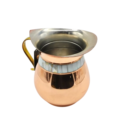 Copper Jug With Mother Of Pearl Inlaid Band & Brass Handle - Hand Made In India New/Old Stock  (brica shelf)