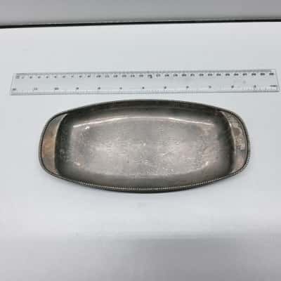 Vintage Silver Plated Oval Etched Trinket Dish Vanity Tray Beaded Rim Decor