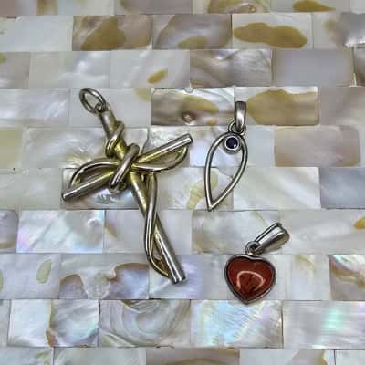  Set of 3 Sterling Silver 925 Pendants – Amber Heart - Sapphire-Tone Drop - Twisted Cross
