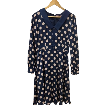Review Womens  Size 10 Long Sleeve Dress Polka Dot Navy Blue / Pink  