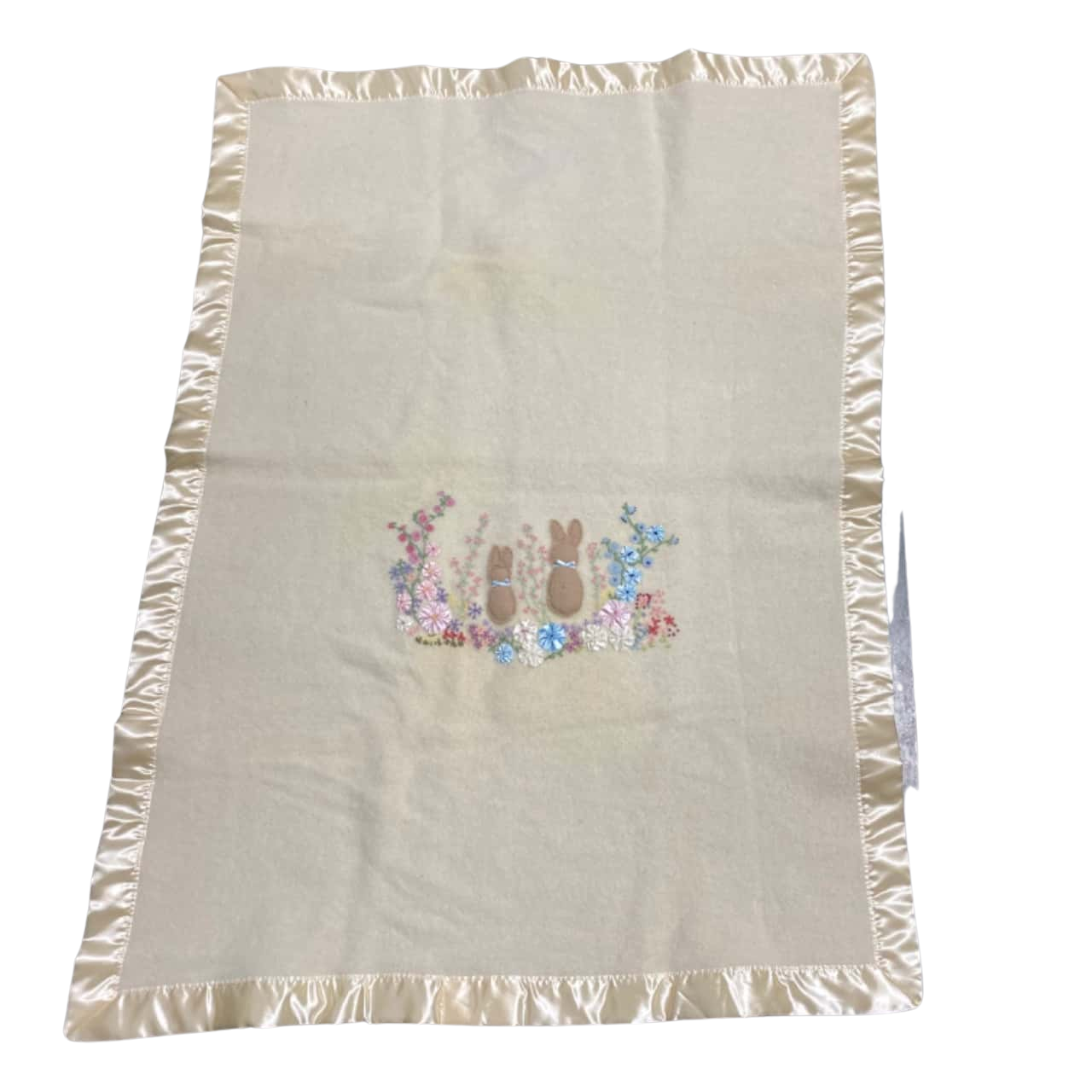 Hand Yellow embroidered blanket 85 x 115 cm.2 bunnies and various