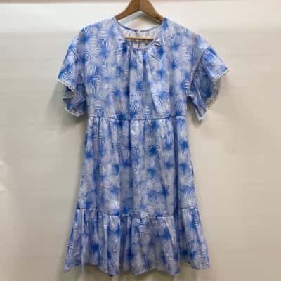 DAVID JONES Blue and White Floral Cotton Dress Size 14 