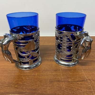 Vintage Japanese silver plated tankards with cobalt blue glass inserts