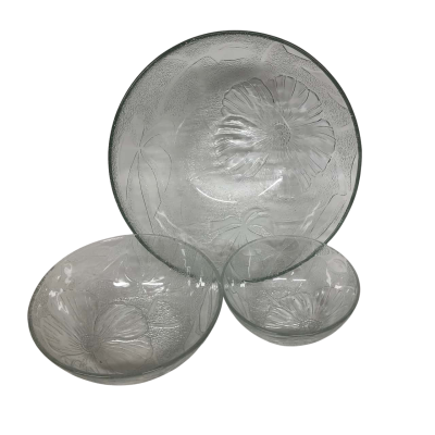 Kig Indonesia Clear Glass Textured Hibiscus Flower Design - Set of Three Serving Bowls VINTAGE