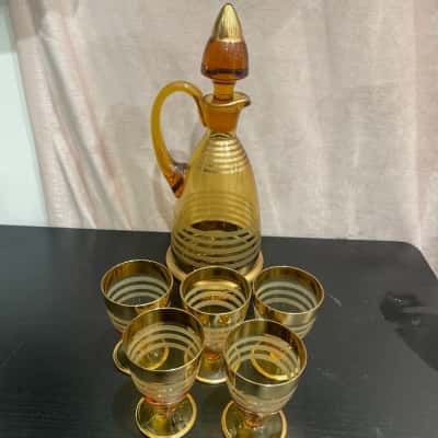  Vintage Amber Glass Decanter Set with 5 Glasses