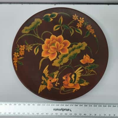Vintage Decorative Maroon Plate with Golden Bird and Floral Motifs
