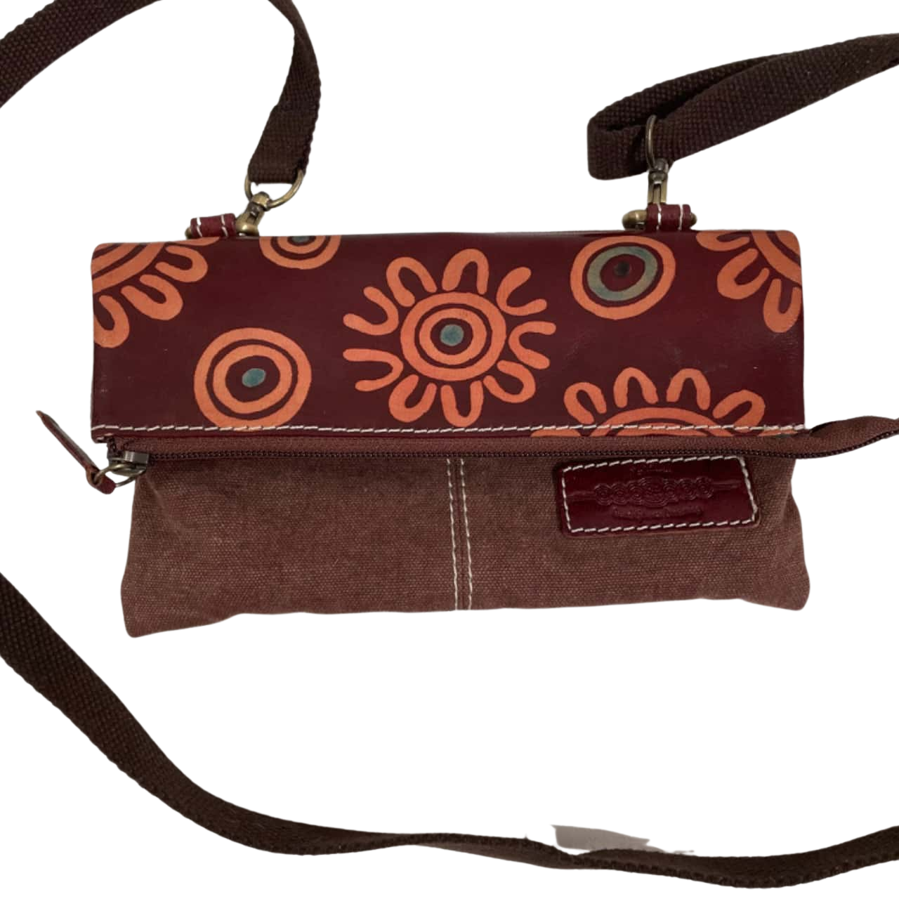 Yakinno Cross Body Bag Brown Leather / Canvas Australian Indigenous