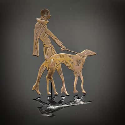 A Real Talking Point Circa 1930's Art Deco Copper Brooch Of "Lady Walking Her Borzoi" 