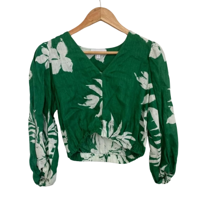 Witchery Linen Womens  Size 6 Long Sleeve Top / V-Neck Top Floral / Green / White 