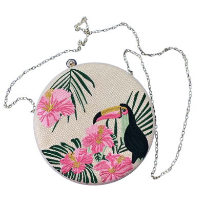 Sheike Round Clutch Bag With Toucan & Flower Design &Chain Strap