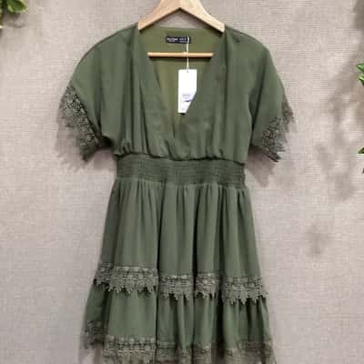 BNWT Kelly Felder Womens  Size M Babydoll Dress Khaki 