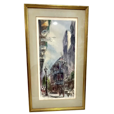 Watercolour Painting of Royal Street Framed  behind Glass-Gold Frame by Tom Lane