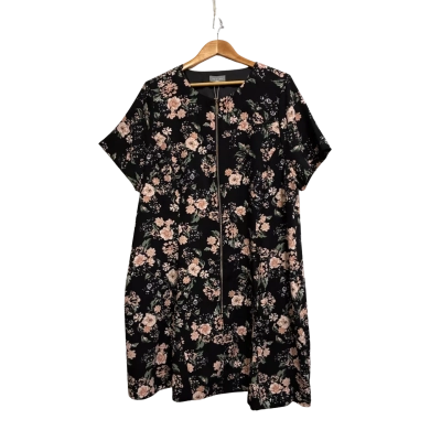 Tokito, Womens, Size 20, black zip-up short-sleeved dress with pink and green floral patterns