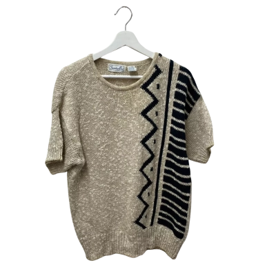 SweaterBee Womens  Short Sleeve knitted Top Beige / Black  Size L - 55% Ramie, 45% Cotton