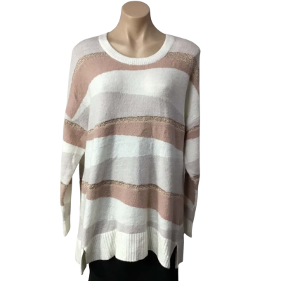 Virtuelle Womens  Size S White / Beige / Brown / Gold Metallic Pattern Crew Neck Jumper 