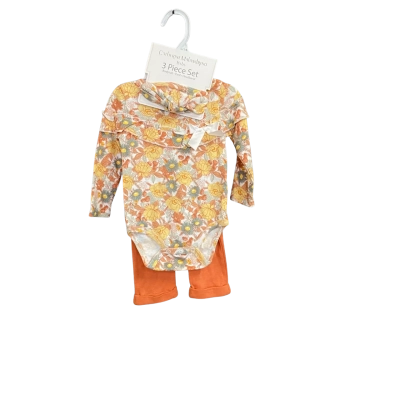 Catherine Malandrino Baby Girl's 3 Piece Set: Bodysuit - Pant - Headband, Size 3-6M Floral / Orange