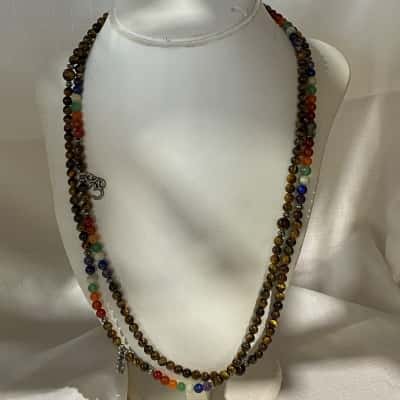 Double strand Necklace - 6mm beads of mixed stones and crystals with charms