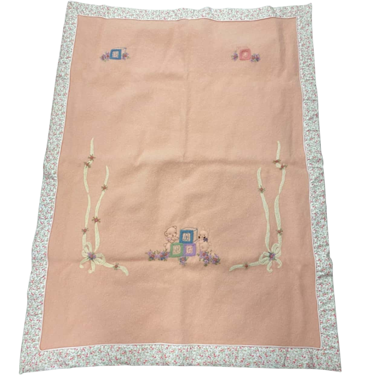 Baby blanket. Peach with fabric edging and lining. 124 x 91 cm. Hand