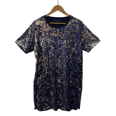 French Connection Womens  Size 12 Sequin Shirt Dress Navy Blue / Silver 